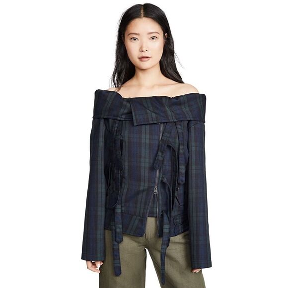 pushBUTTON wool Off Shoulder Jumper Jacket plaid in Navy Size XS - Picture 6 of 13